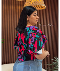 BLUSA LAMPA NEGRA CON HOJAS COLORES