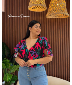 BLUSA LAMPA NEGRA CON HOJAS COLORES