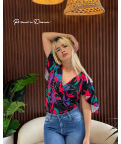 BLUSA LAMPA NEGRA CON HOJAS COLORES