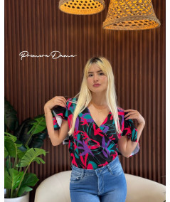 BLUSA LAMPA NEGRA CON HOJAS COLORES