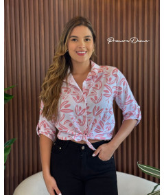CAMISERA BOSTON BLANCA HOJAS ROSADA